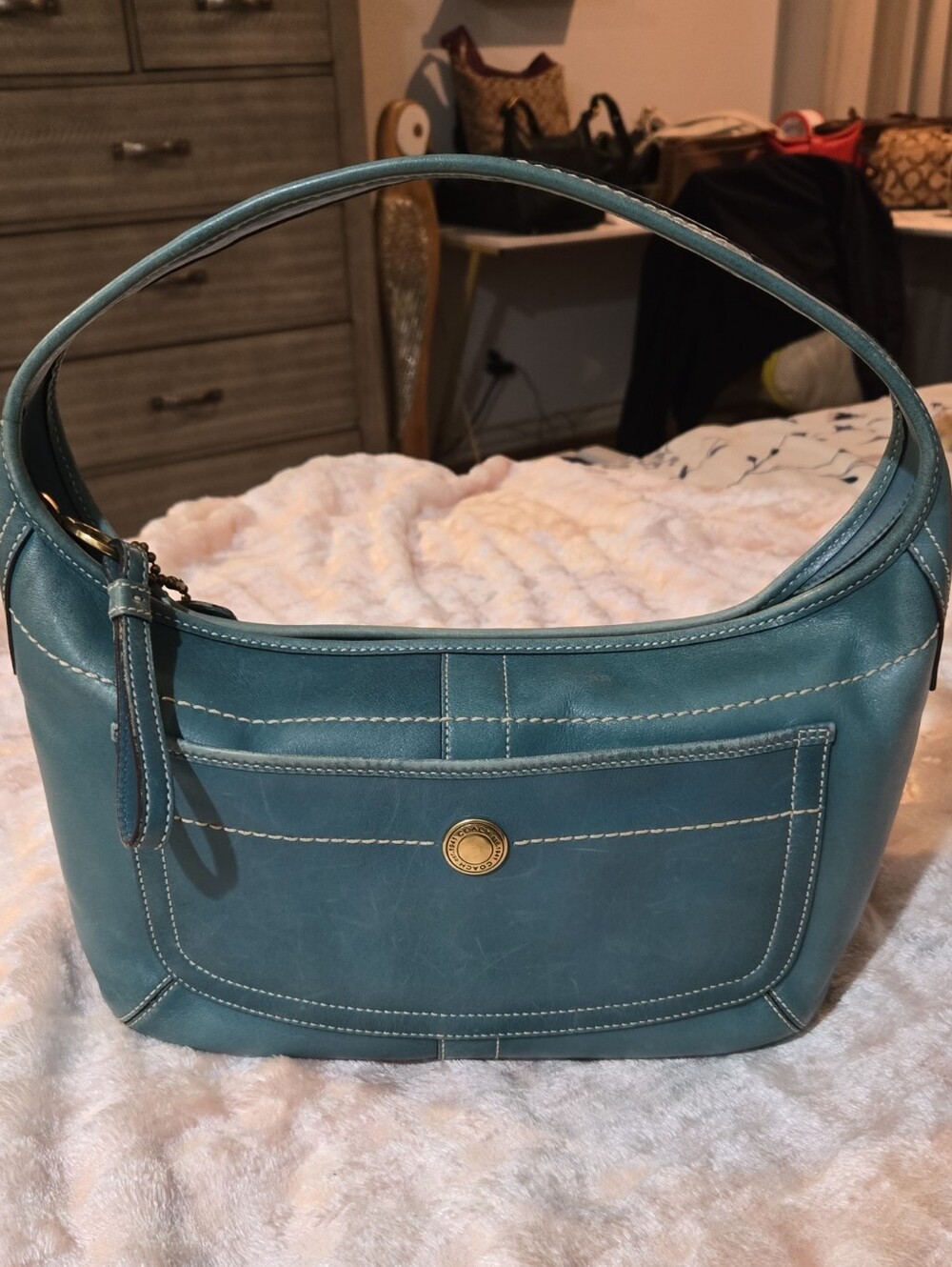Coach - Teal Women's Leatlher Shoulder Bag with Front Pocket
